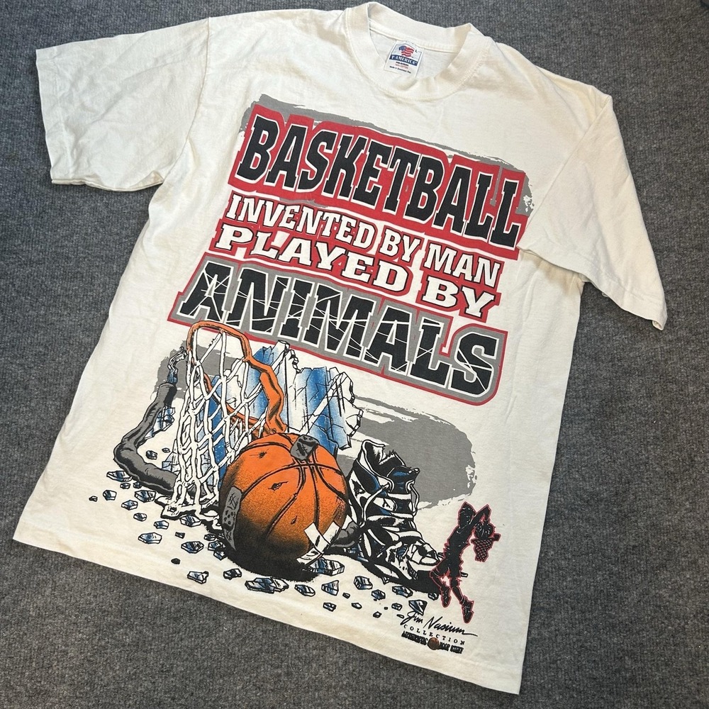 Basketball Invented By Man Shirt Mens Large White Animals Graphic Tee T-America